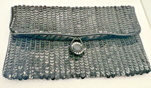 Vintage Norell Black Sequin Satin Clutch Evening Bag Purse Rhinestone Clasp